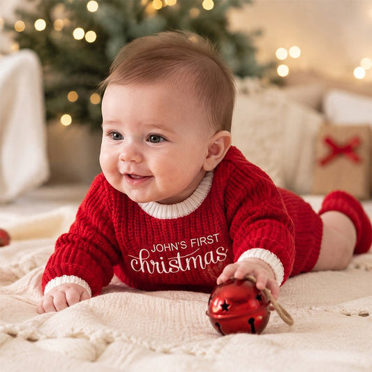 Personalized Baby’s First Christmas Organic Cotton Knit Romper - Canvasgiftco