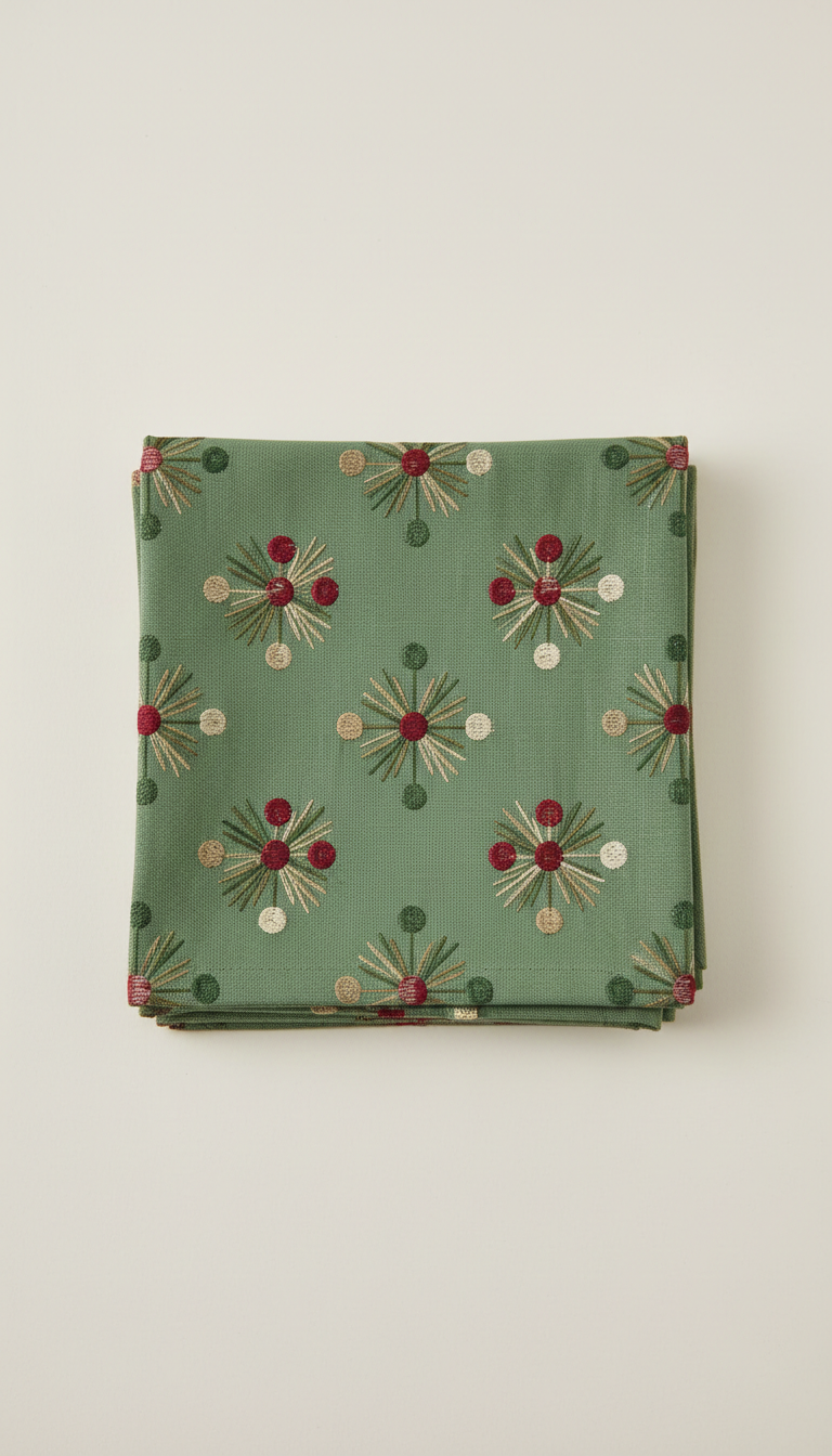 Embroidered pine green linen napkin set