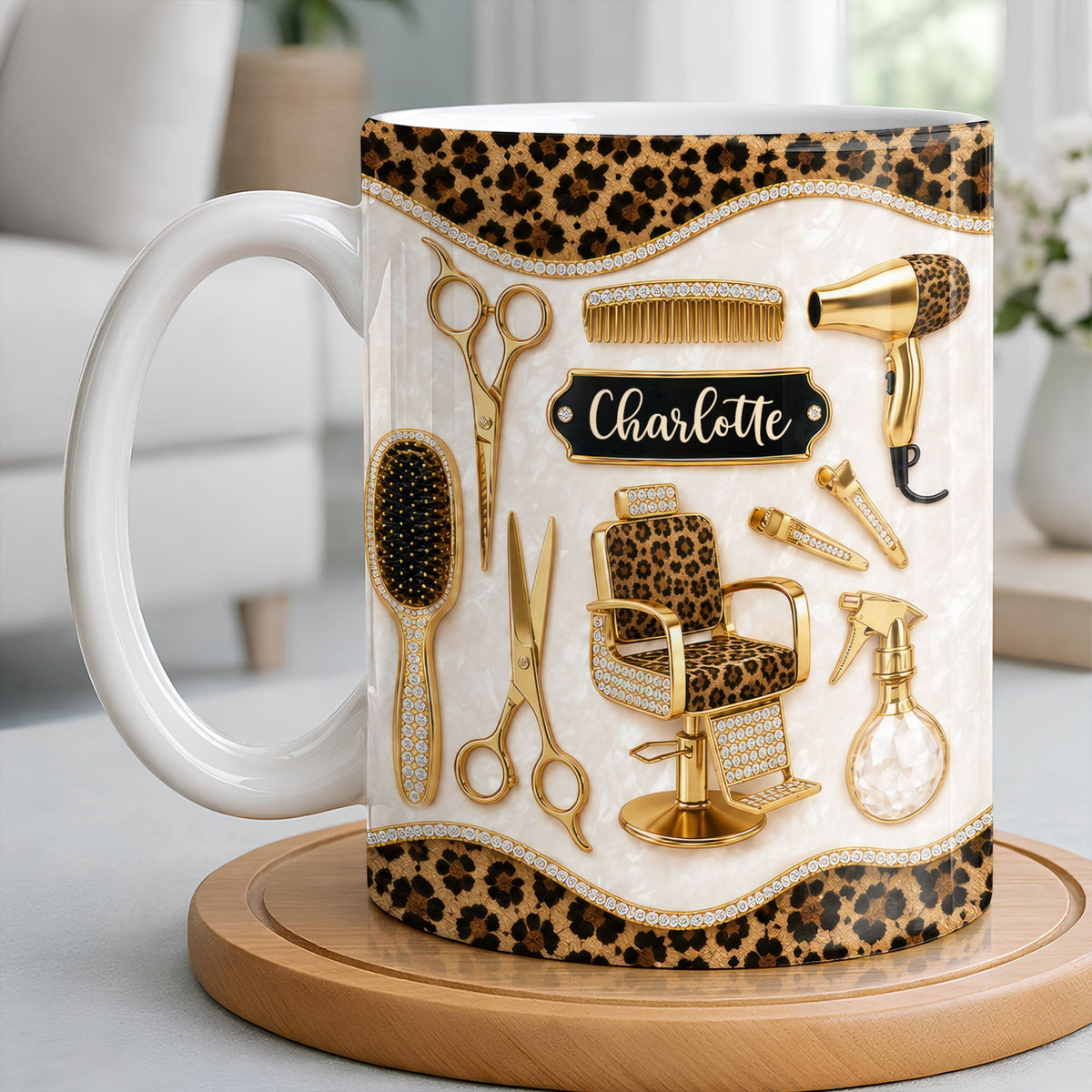 Talented Hairdresser With Style Leopard Print And Golden Salon Tools - Personalized Custom Coffee Mug