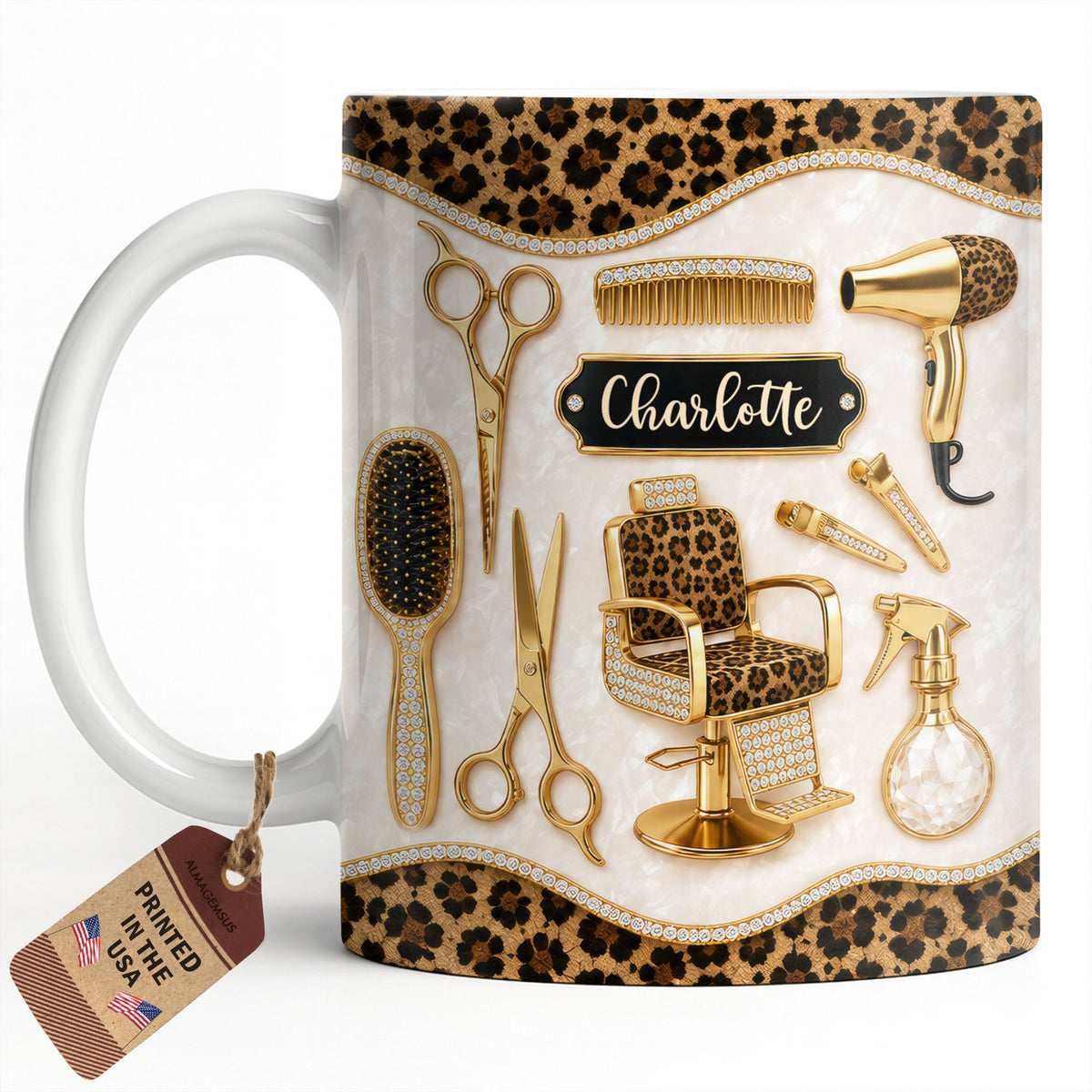 Talented Hairdresser With Style Leopard Print And Golden Salon Tools - Personalized Custom Coffee Mug