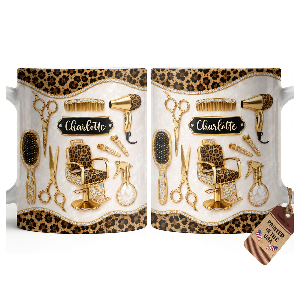 Talented Hairdresser With Style Leopard Print And Golden Salon Tools - Personalized Custom Coffee Mug