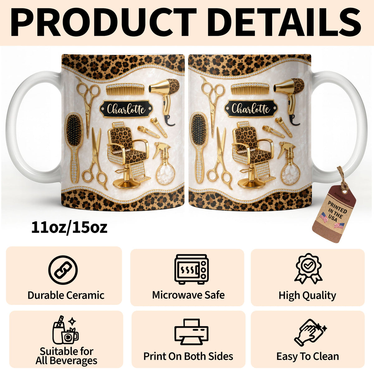 Talented Hairdresser With Style Leopard Print And Golden Salon Tools - Personalized Custom Coffee Mug