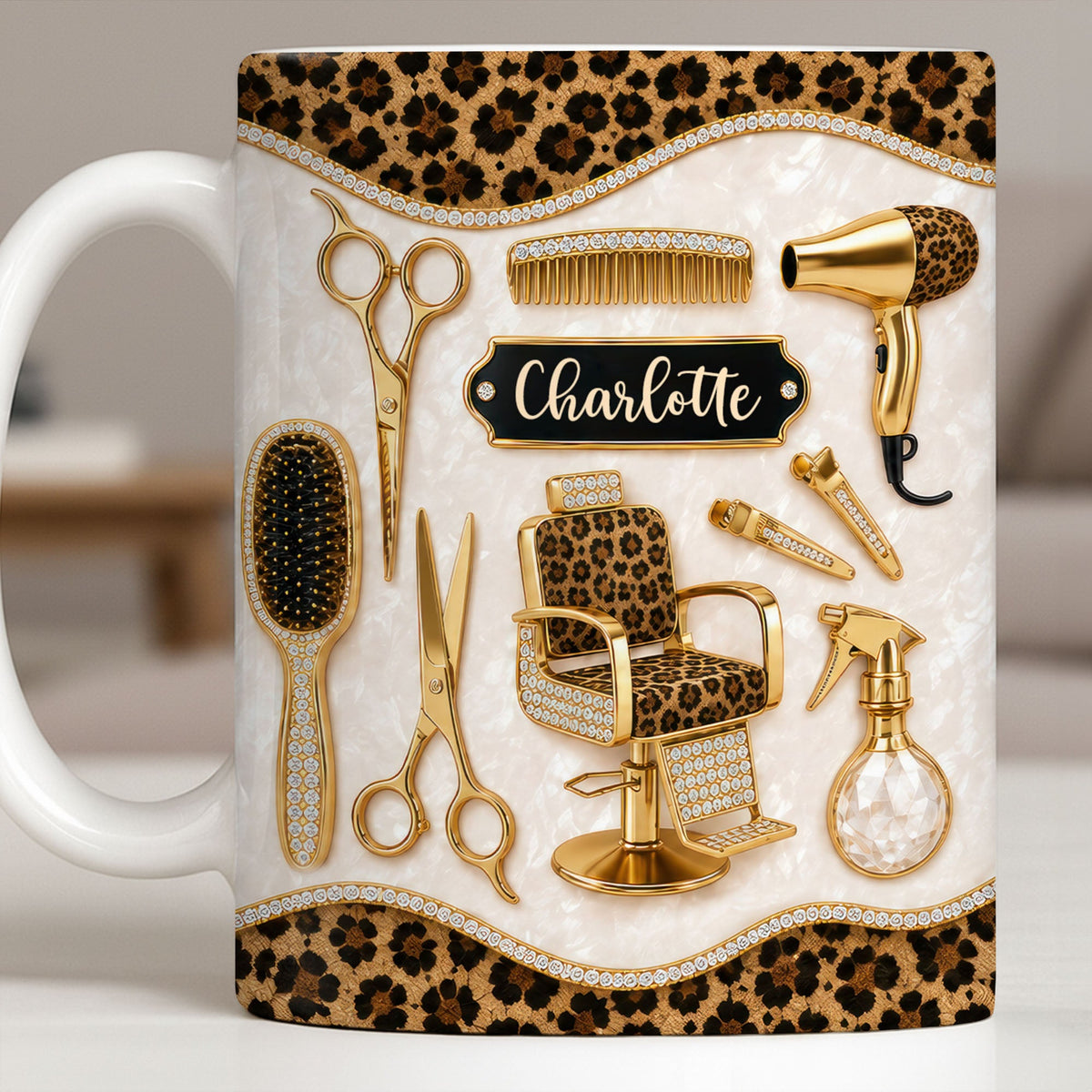 Talented Hairdresser With Style Leopard Print And Golden Salon Tools - Personalized Custom Coffee Mug
