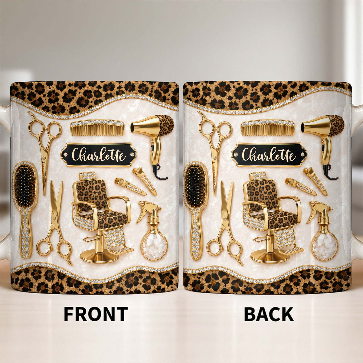 Talented Hairdresser With Style Leopard Print And Golden Salon Tools - Personalized Custom Coffee Mug