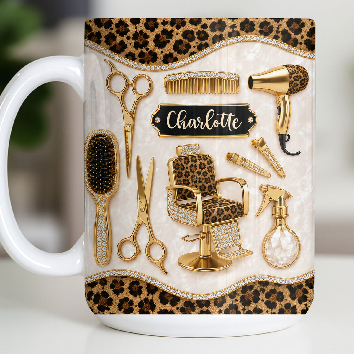 Talented Hairdresser With Style Leopard Print And Golden Salon Tools - Personalized Custom Coffee Mug