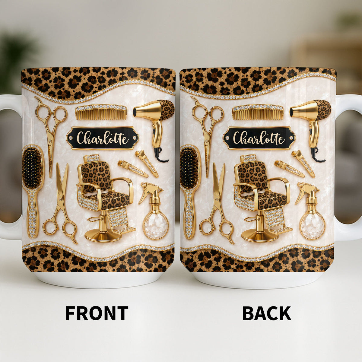 Talented Hairdresser With Style Leopard Print And Golden Salon Tools - Personalized Custom Coffee Mug