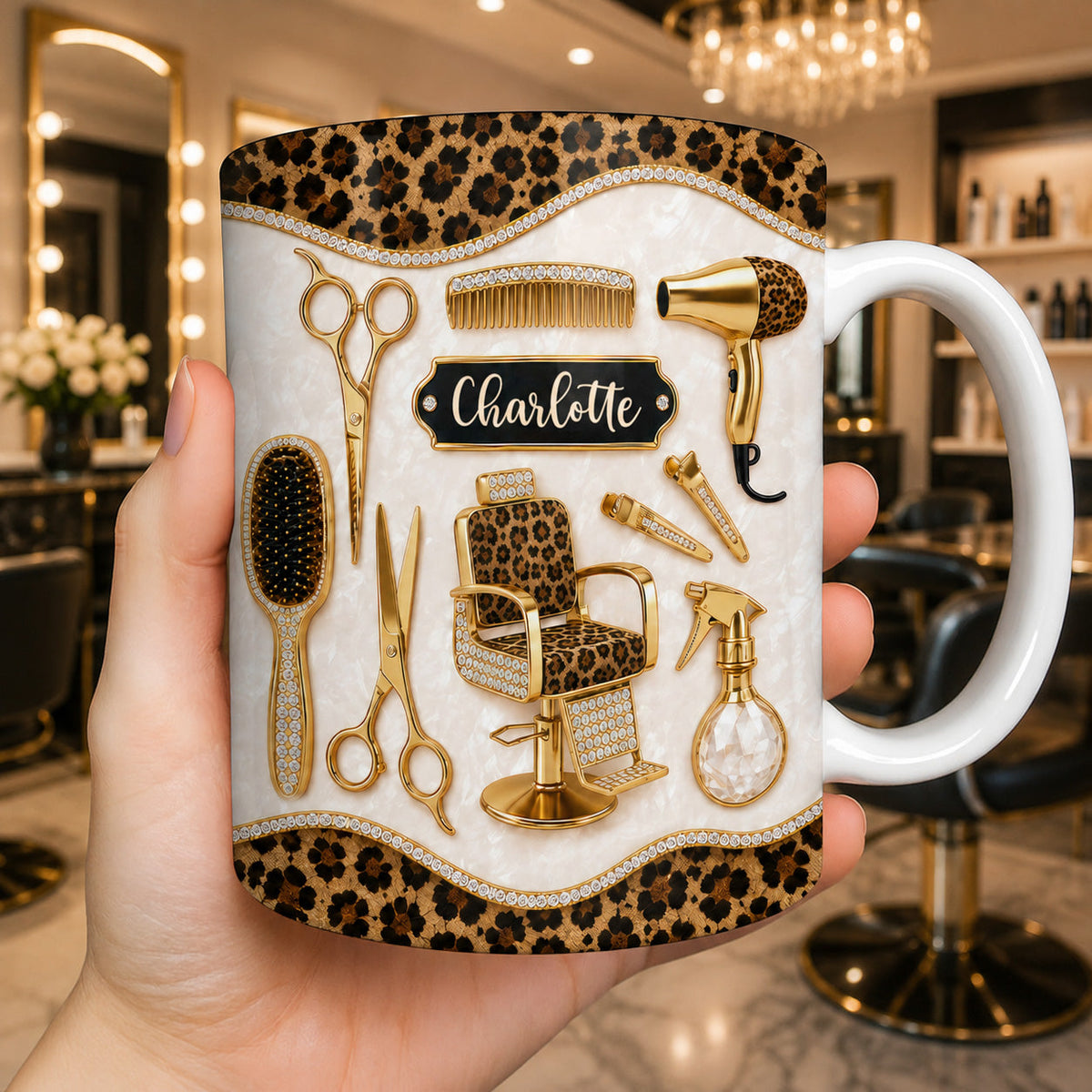 Talented Hairdresser With Style Leopard Print And Golden Salon Tools - Personalized Custom Coffee Mug