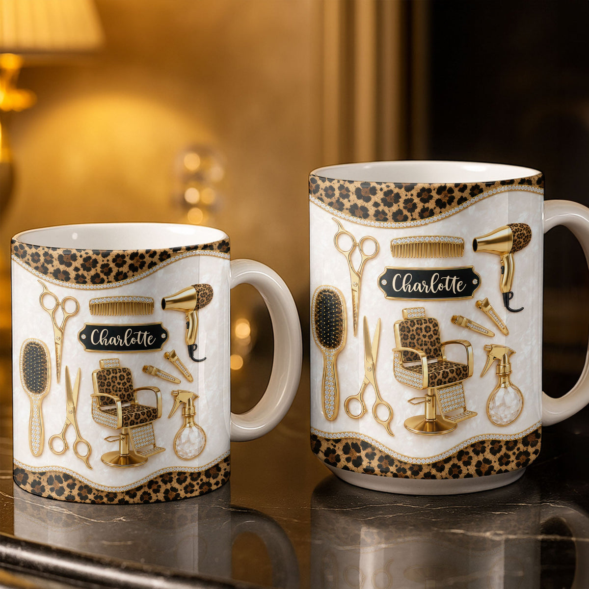 Talented Hairdresser With Style Leopard Print And Golden Salon Tools - Personalized Custom Coffee Mug