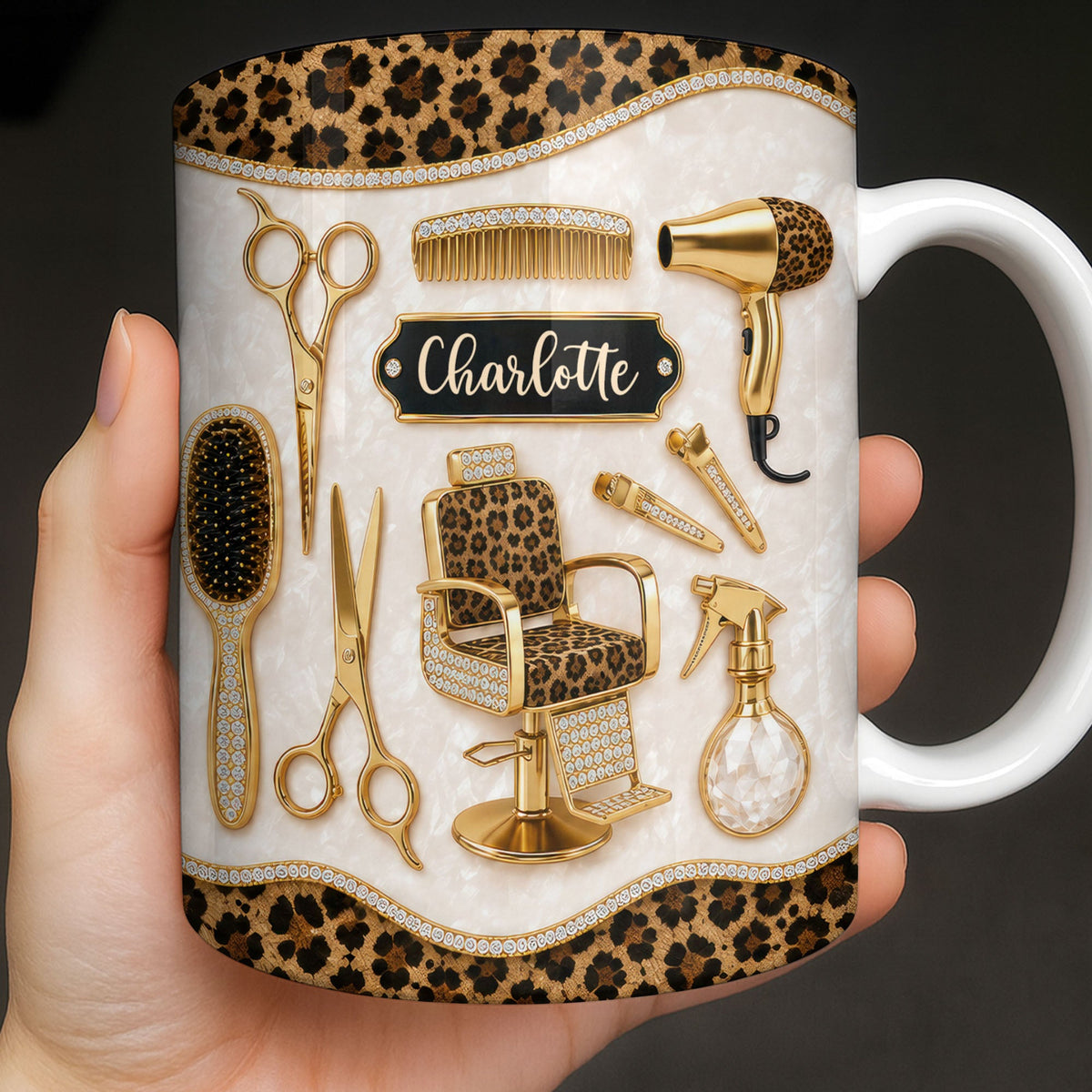 Talented Hairdresser With Style Leopard Print And Golden Salon Tools - Personalized Custom Coffee Mug