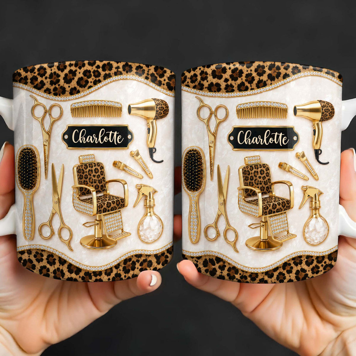 Talented Hairdresser With Style Leopard Print And Golden Salon Tools - Personalized Custom Coffee Mug