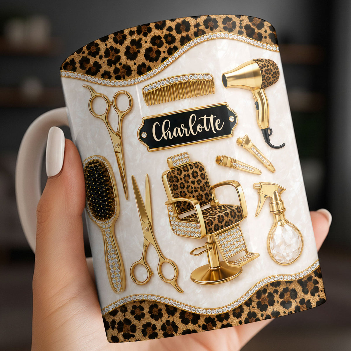 Talented Hairdresser With Style Leopard Print And Golden Salon Tools - Personalized Custom Coffee Mug