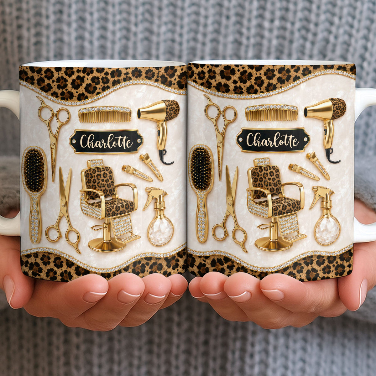 Talented Hairdresser With Style Leopard Print And Golden Salon Tools - Personalized Custom Coffee Mug
