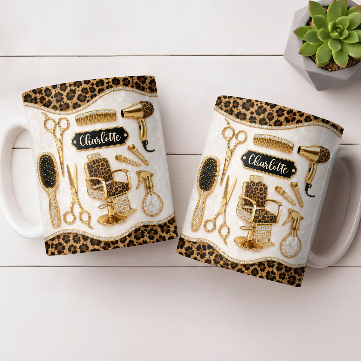 Talented Hairdresser With Style Leopard Print And Golden Salon Tools - Personalized Custom Coffee Mug