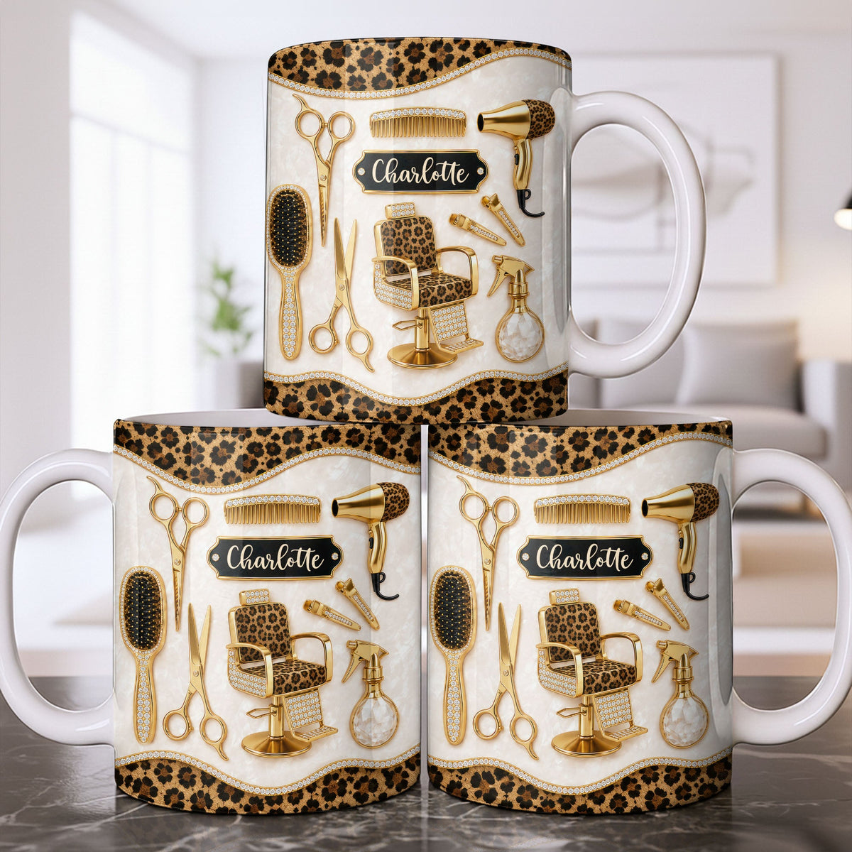 Talented Hairdresser With Style Leopard Print And Golden Salon Tools - Personalized Custom Coffee Mug