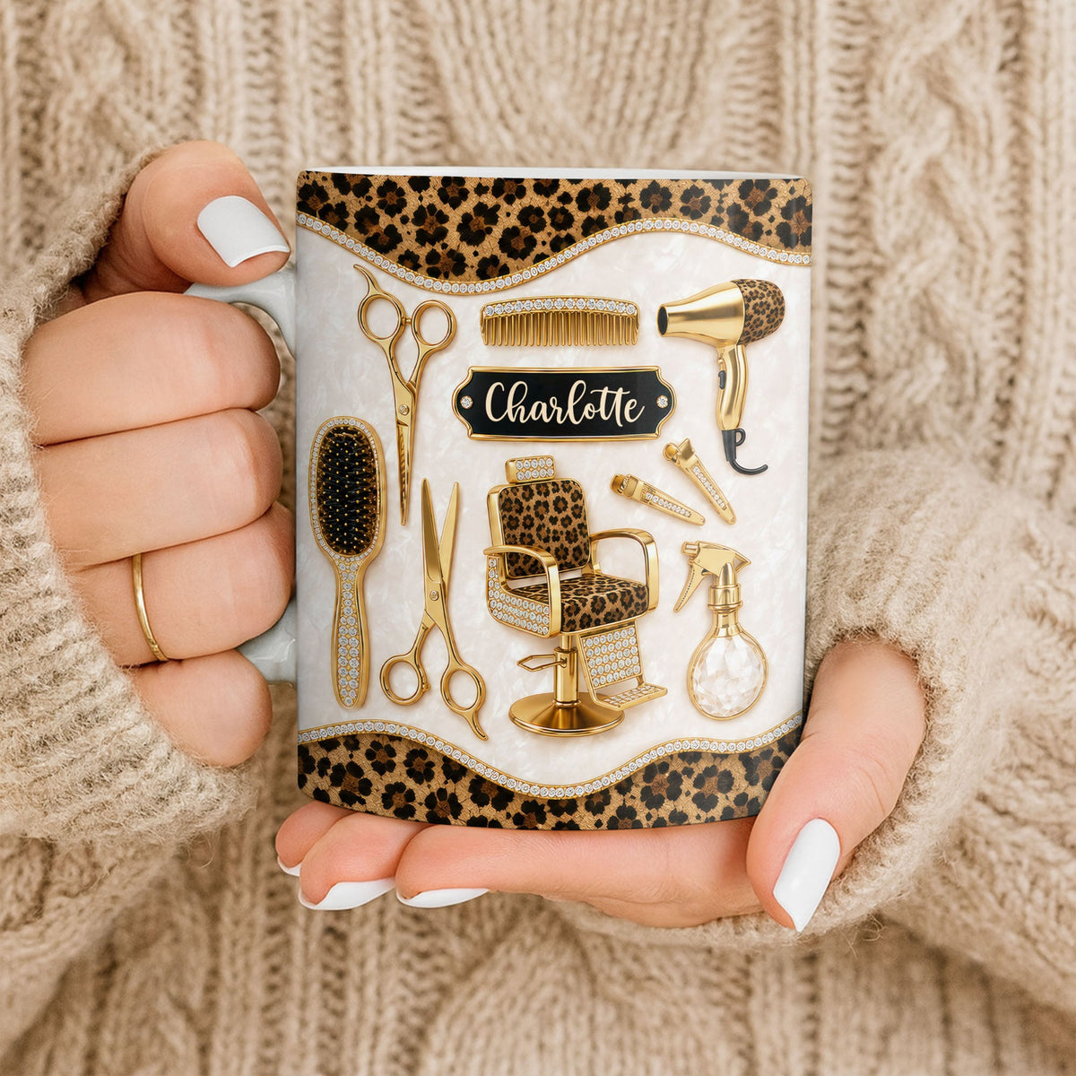 Talented Hairdresser With Style Leopard Print And Golden Salon Tools - Personalized Custom Coffee Mug