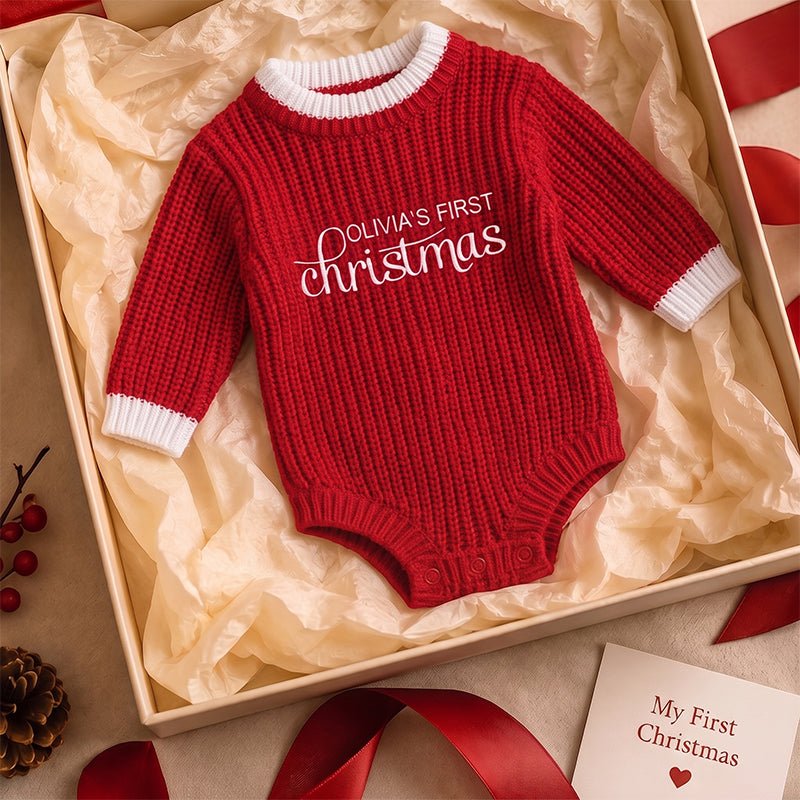 Personalized Baby’s First Christmas Organic Cotton Knit Romper - Canvasgiftco