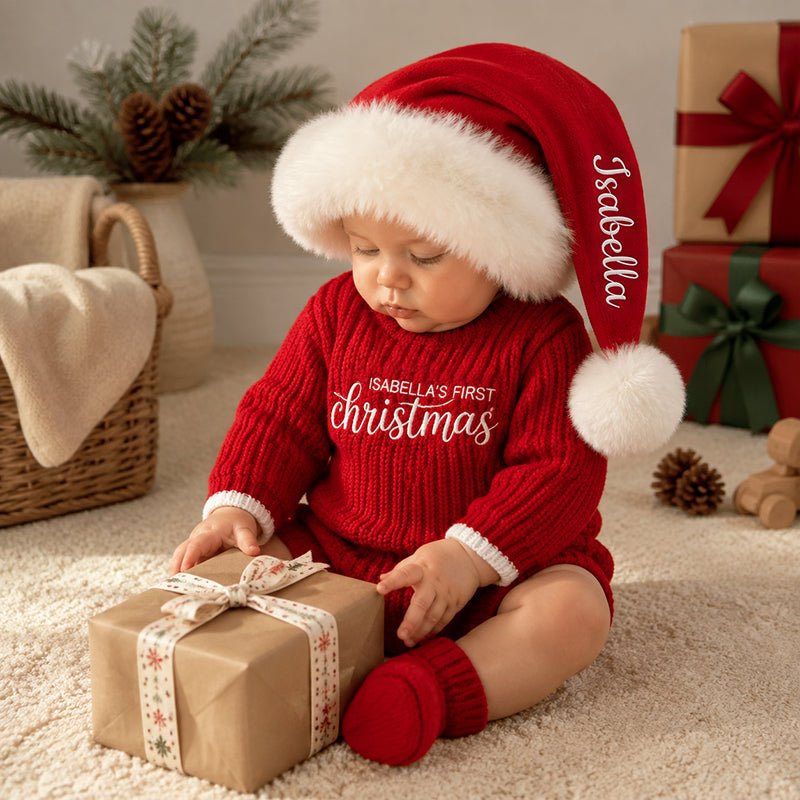 Personalized Baby’s First Christmas Organic Cotton Knit Romper - Canvasgiftco